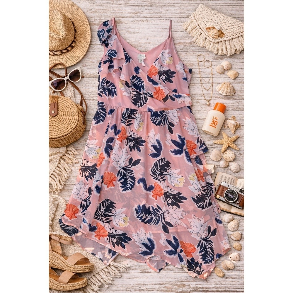 A New Day Dress‎ Women Medium Pink Floral Handkerchief Hem Boho Tropical Summer
